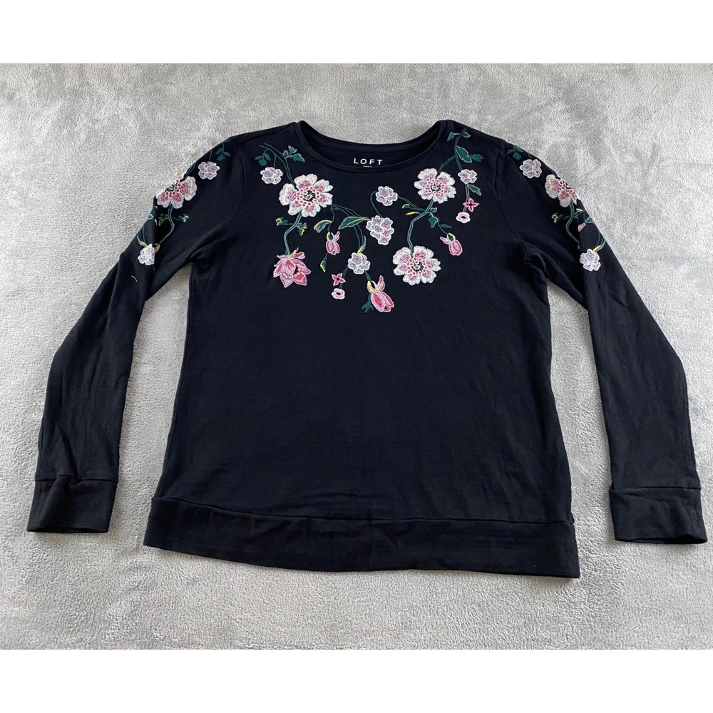 LOFT Womens Black Floral Embroidered Long Sleeve Crew Neck Sweatshirt Size L